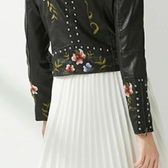Women Leather Floral Print Embroidery Jacket - Picture 2 of 16
